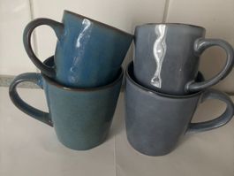 4er Set Keramik Tassen, verschiedene Grosse Blau-Grau Töne,