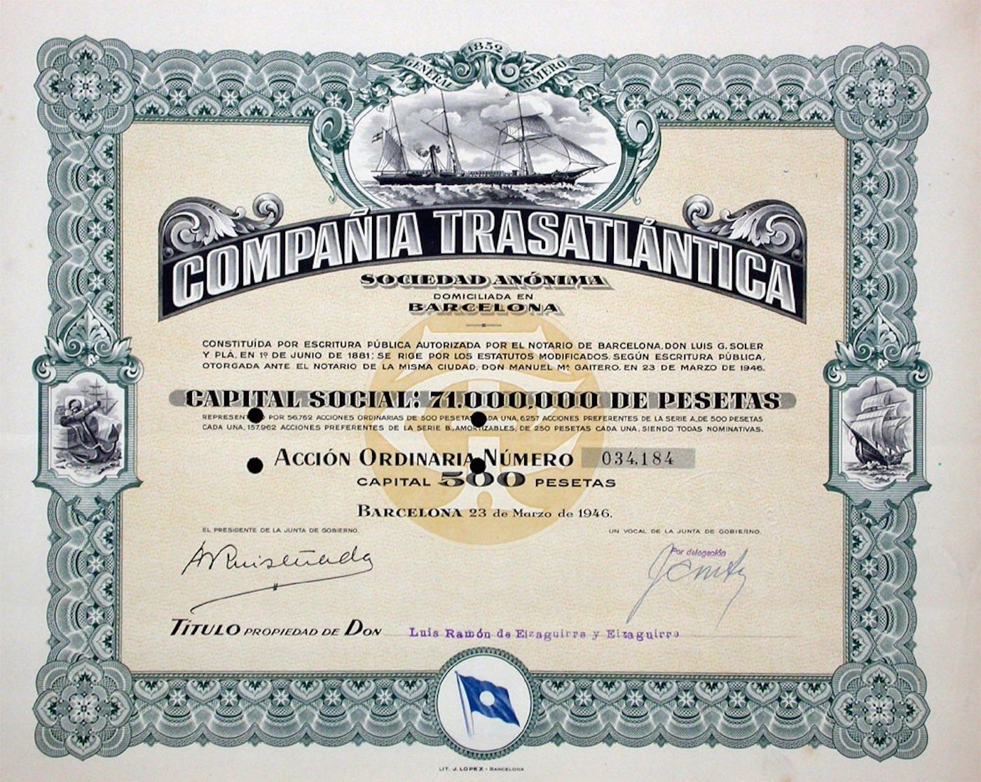 Dokumente: Compania Trasatlantica, Barcelona - 1946 – Gebraucht aus Solothurn von Sgasche