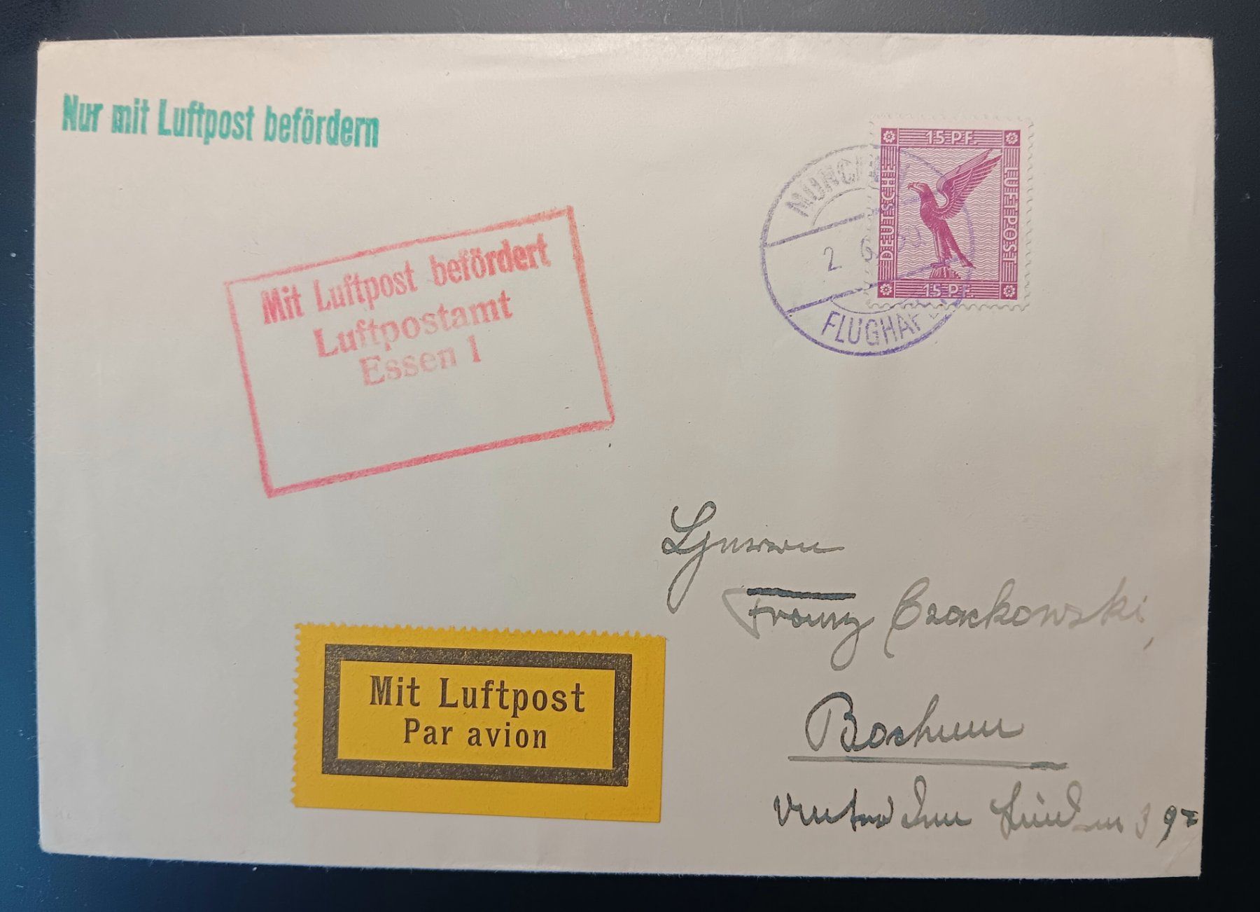 Tutti i francobolli: 1930 Brief Deutsche Lufthansa Flug München -- Essen – Usato da Holderbank AG venduto da DINOS-PHILA