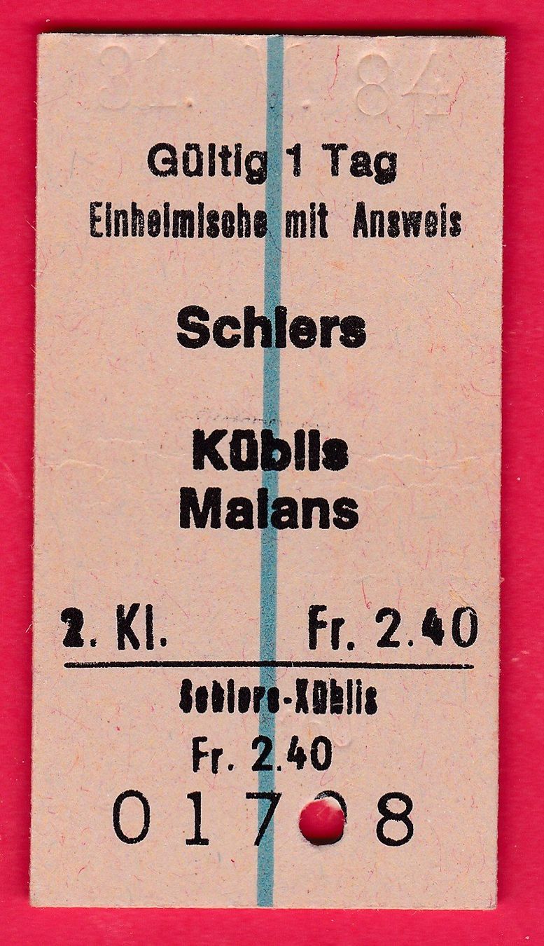 Biglietti: KARTON BILLETT, SCHIERS - MALANS, 2.KLASSE, EINHEIMISCHE – Usato da Oberrieden venduto da Gebirgsstelze