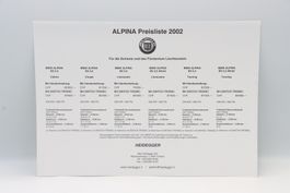 Alpina BMW Preisliste und Serienausstattung 2002 Prospekt