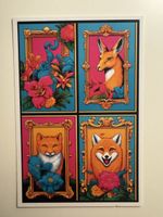 Postcard – wild animals in a colorful framed picture