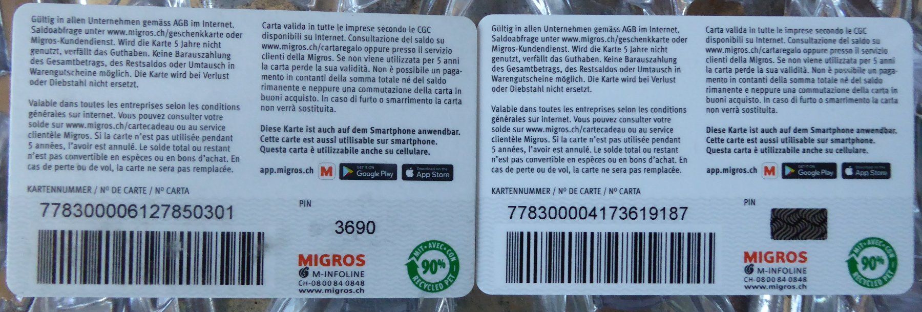 Cartoline: 2 Geschenkkarten Migros – Usato da Gossau SG venduto da oreliefredy 1