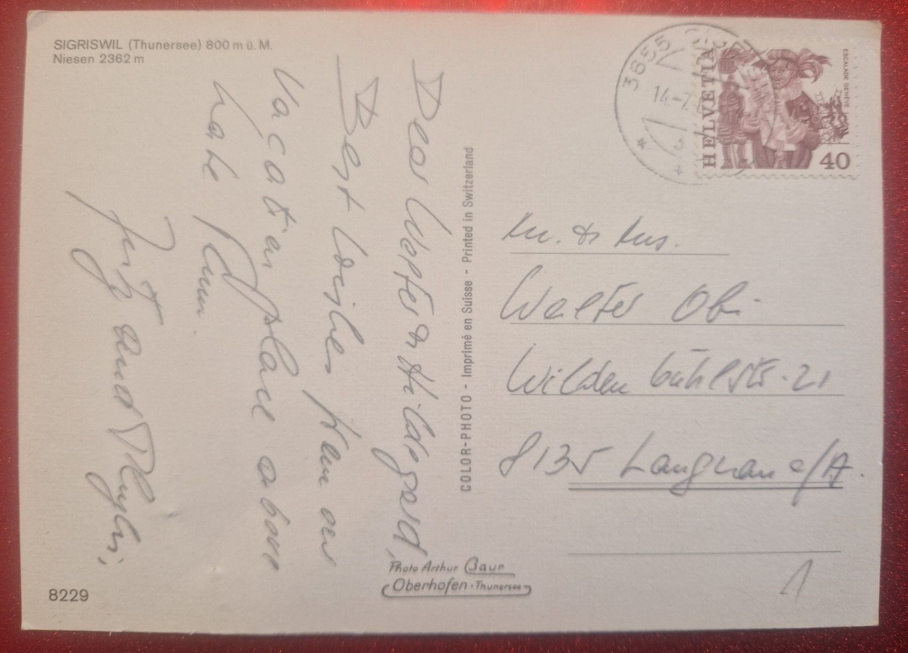 Cartoline postali: Thunersee, Sigriswil 1982 – Usato da Melchnau venduto da Fishel 1
