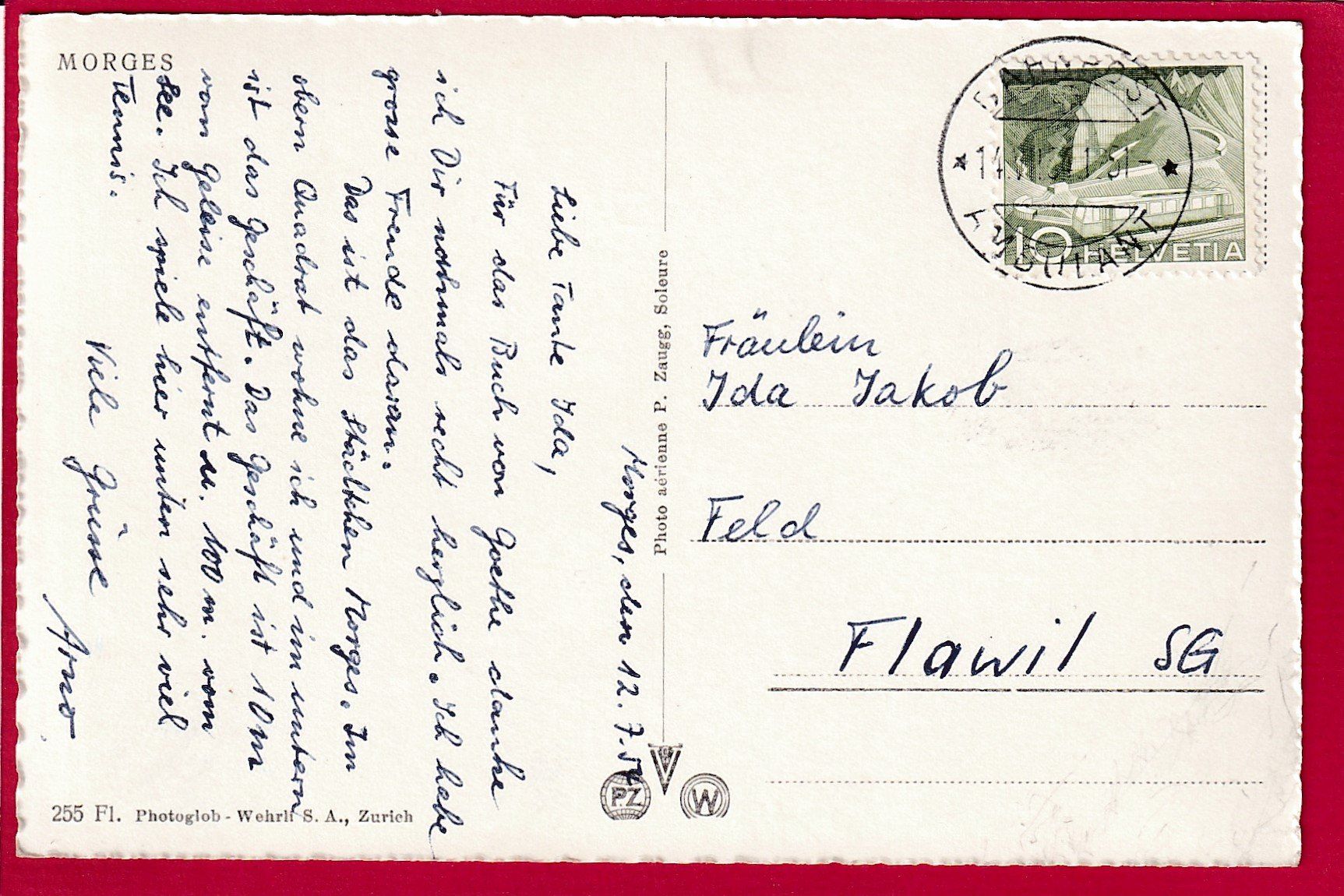 Cartoline postali: AK MORGES VUE AÉRIENNE 1954 – Usato da Grüningen venduto da Kartensammler 1