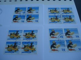 Pingu mit + ohne Schnur, 1999, FDC Satz + 4erblock, 6 Belege