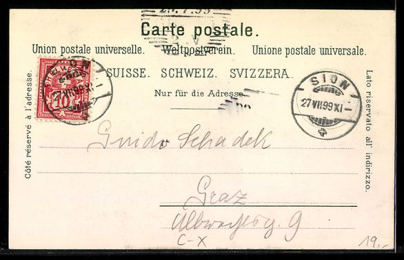 Cartoline postali: Lithographie Sion, Vue Panoramique, 1899 – Usato da Berlin venduto da bartko-reher 1