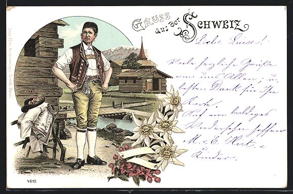 Ansichtskarten: Lithographie Schweizer Mann in Tracht – Gebraucht aus Berlin von bartko-reher