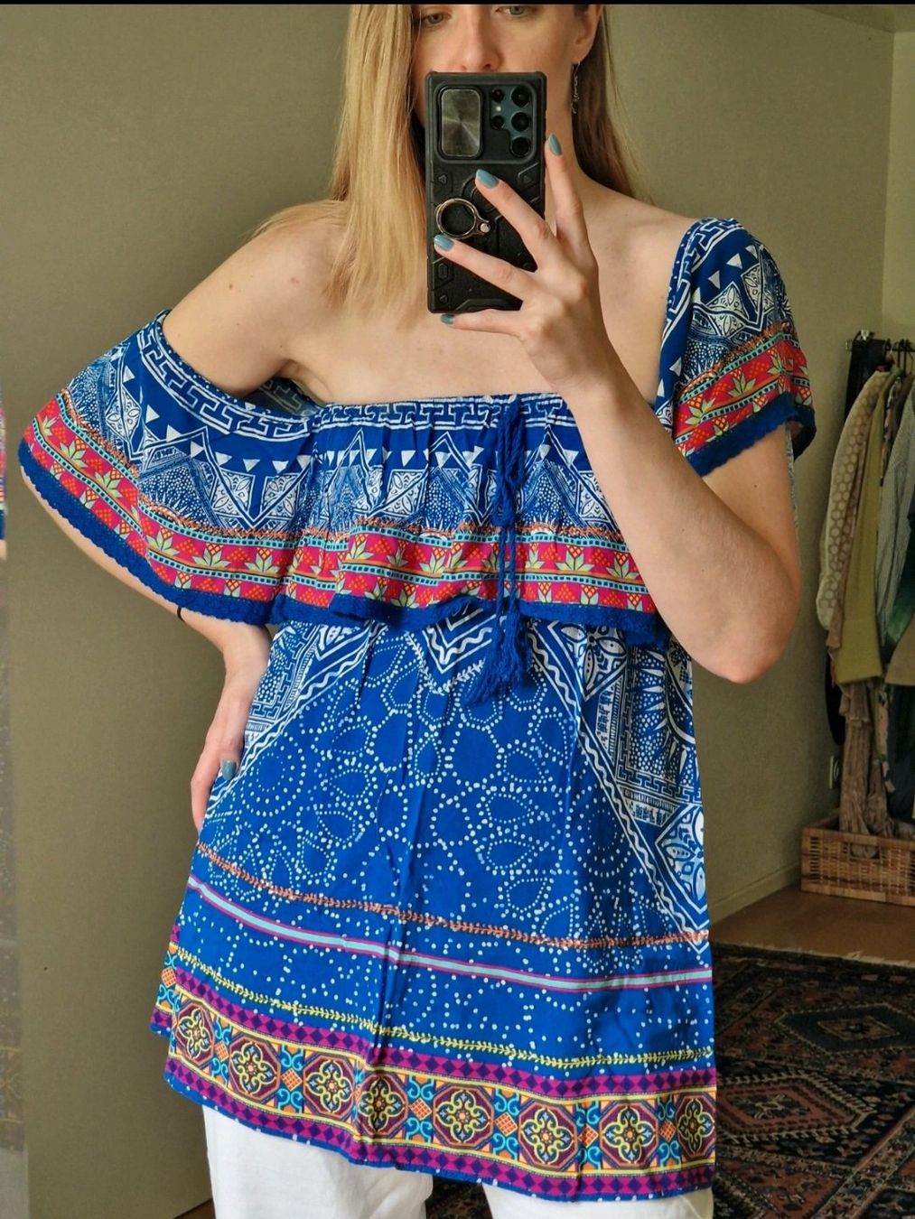 Tuniche: Bunte Off-Shoulder tunika Hippie Blau gemustert – Usato da Zürich venduto da tsu_76bc 1