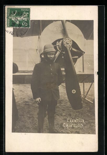 Cartoline postali: Foto-AK Chanteloup, Pilot mit Flugzeug – Usato da Berlin venduto da bartko-reher