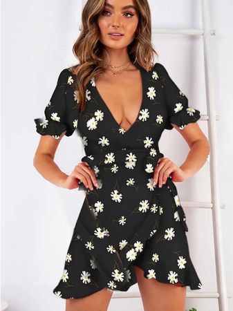 Schwarzes Wickelkleid Gr. M mit Blumenmuster