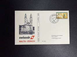 Swissair Erstflugbrief Malta-Zürich 1986