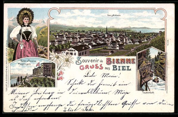Ansichtskarten: Litho Bienne, Vue générale, Hotel Magg – Gebraucht aus Berlin von bartko-reher