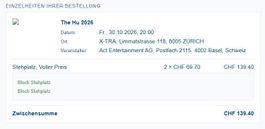 2x Stehplatz The HU im Xtra Zürich Fr., 30.10.2026