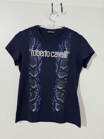 Roberto Cavalli T-Shirt Gr. L Dunkelblau mit Schlangenprint 