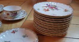Württemberg Antiker Teeservice Tassen Porzellan Blumen Gold