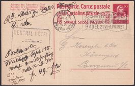 1921, Karte mit Hotel-Stempel von BASEL: CENTRAL HOTEL, RAR