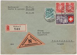 55 Rp. Buntfrankatur auf NN-Beleg von BADEN nach OBERFRICK