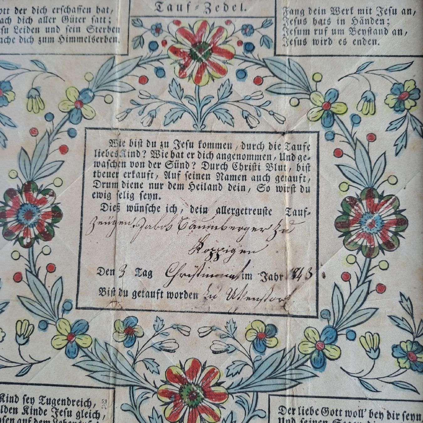 Documenti: Antik Taufzettel  1843 - Gefaltet,  Eingerahmt – Usato da Adliswil venduto da globill 1