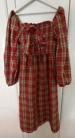 Plaid Dress red checked square neck long sleeve