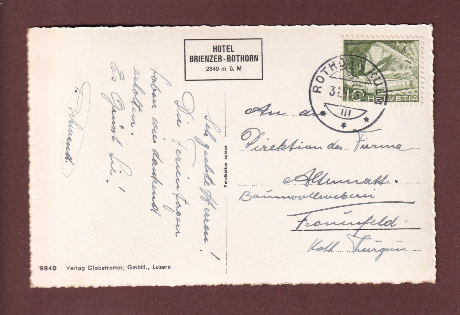 Cartoline postali: BRIENZERROTHORN - Brienzersee - Berneralpen - 1952 – Usato da Pully venduto da nicecards-shop 1