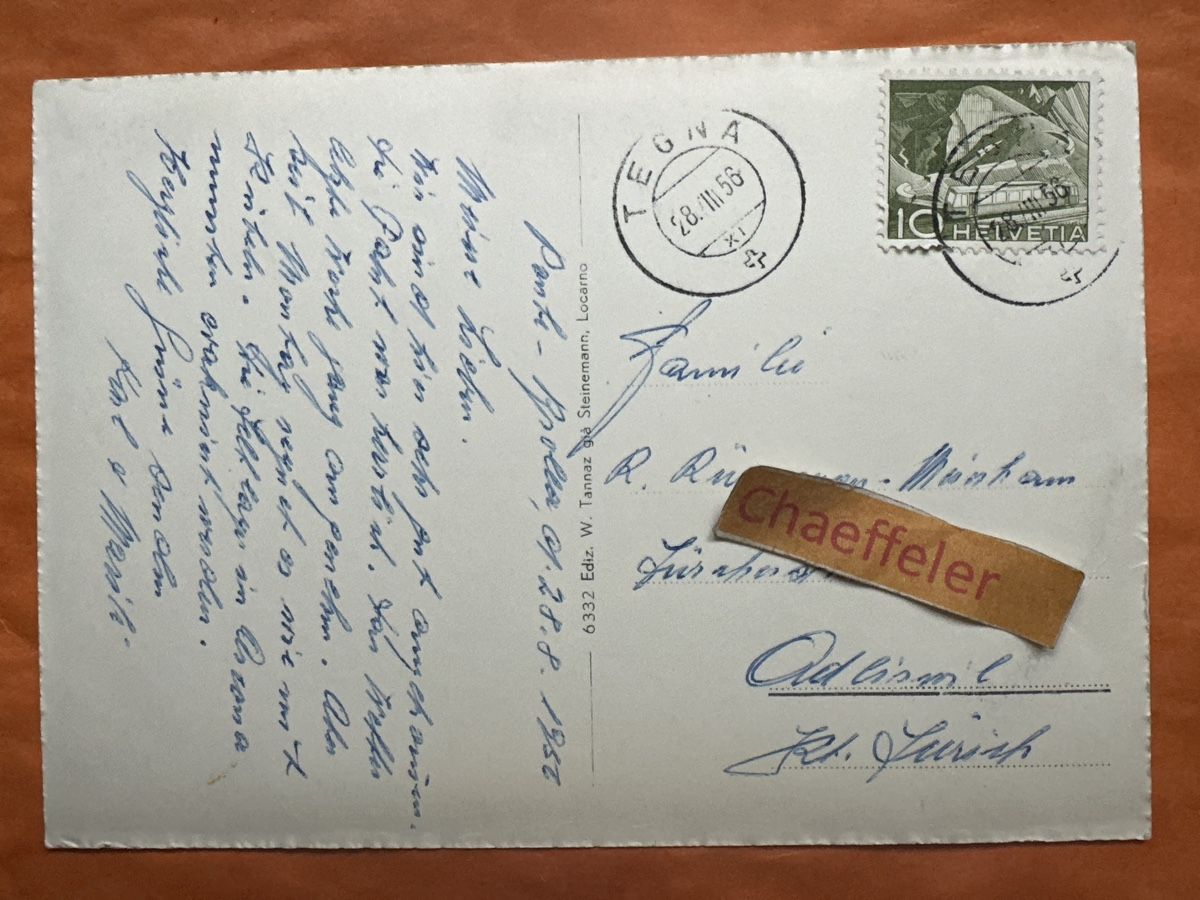 Cartoline postali: 1956 Ponte Brolla Pedemonte, Tessin – Usato da Zürich venduto da Chaeffeler 1