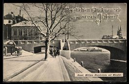 AK Basel, Mittlere Rheinbrücke mit Münster im Winter, Neujah