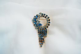 Vintage Brosche Gablonz gold Strass blau Kreis Tropfen