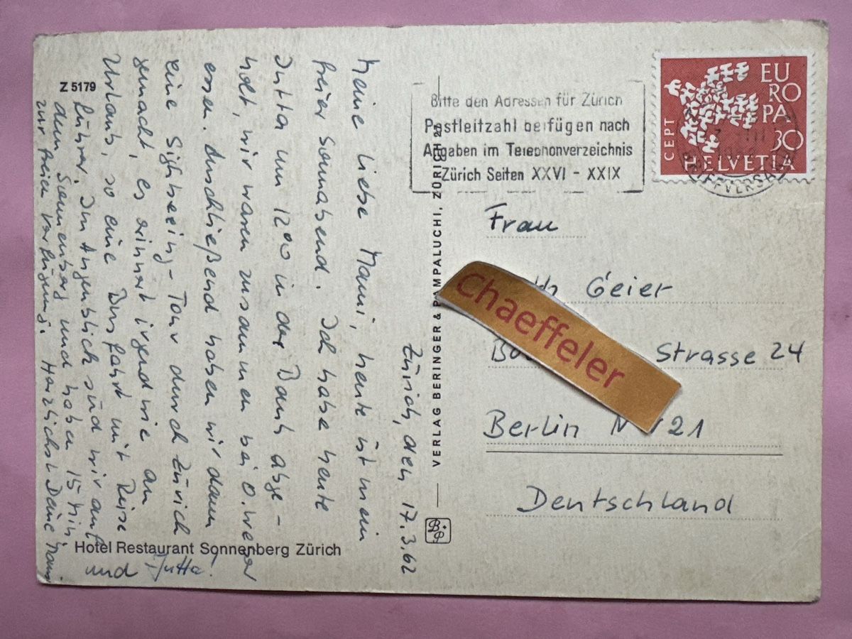 Cartes postales: 1962 Zürich  – D'occasion à Zürich par Chaeffeler 1
