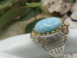 Art Deco Stil Silberring mit Larimar, Gr.56