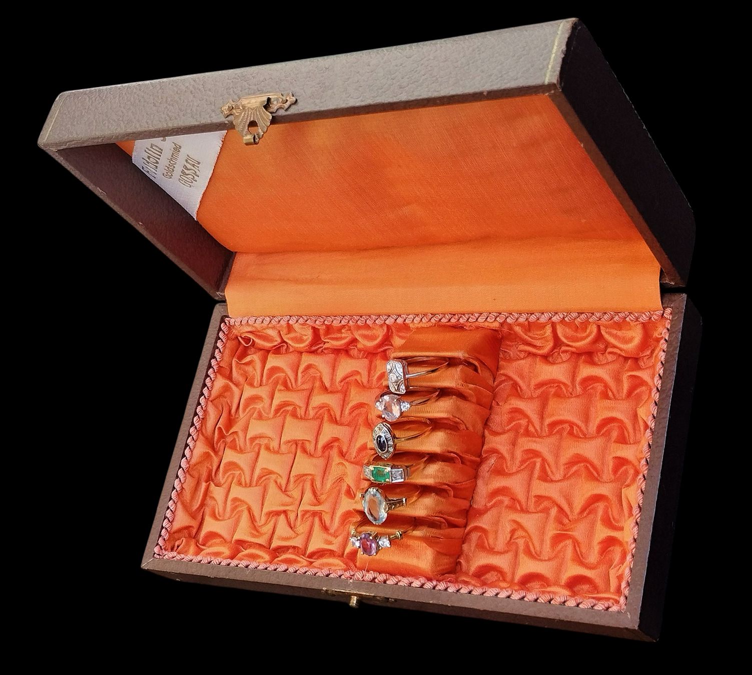 Portagioie: Antike Ringbox Schmuckbox Koffer Braun mit Seide Orange – Usato da schwyz venduto da larry91sz 3