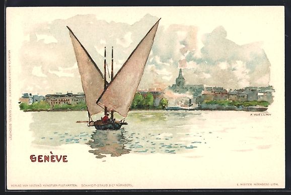 Cartoline postali: Fritz Voellmy: Genève, Ortsansicht mit  – Usato da Berlin venduto da bartko-reher