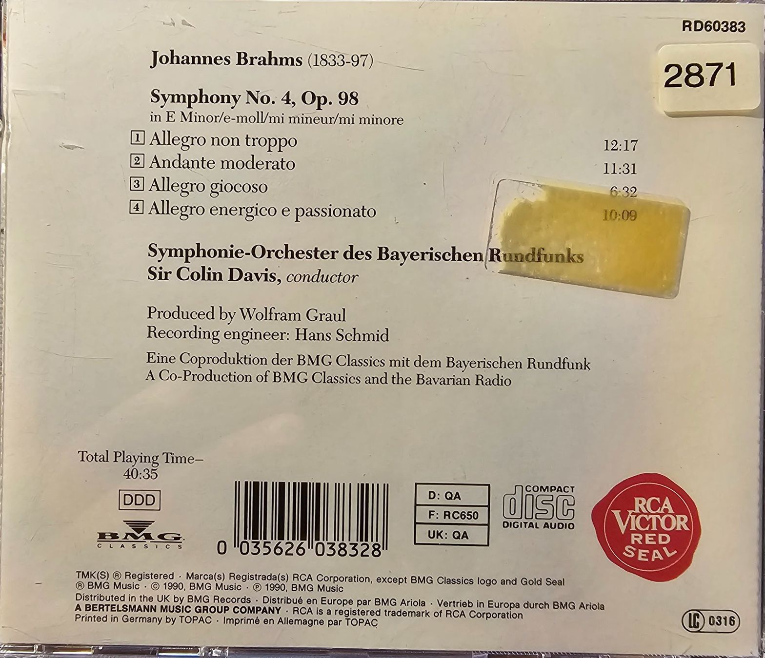 CD: Brahms, Sir Colin Davis - Symphony No. 4 – Usato da Wahlen b. Laufen venduto da Cg10 1