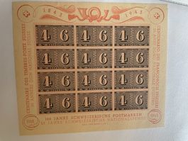 Briefmarkenbogen Helvetia 1943 100 Jahre Postmarken