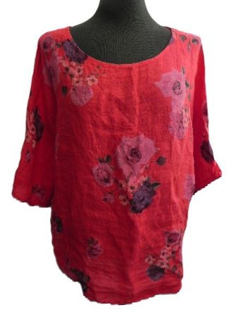 ca Gr. 44 s. Masse  Leinen Tunika rot mit Blumen