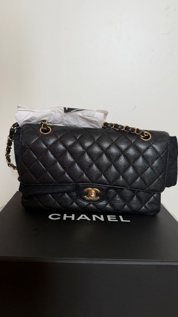 Chanel Borse da donna: Chanel Classic Timeless Medium Double Flap Black Caviar/Grai – Usato da Münchenstein venduto da watchpatrol 4