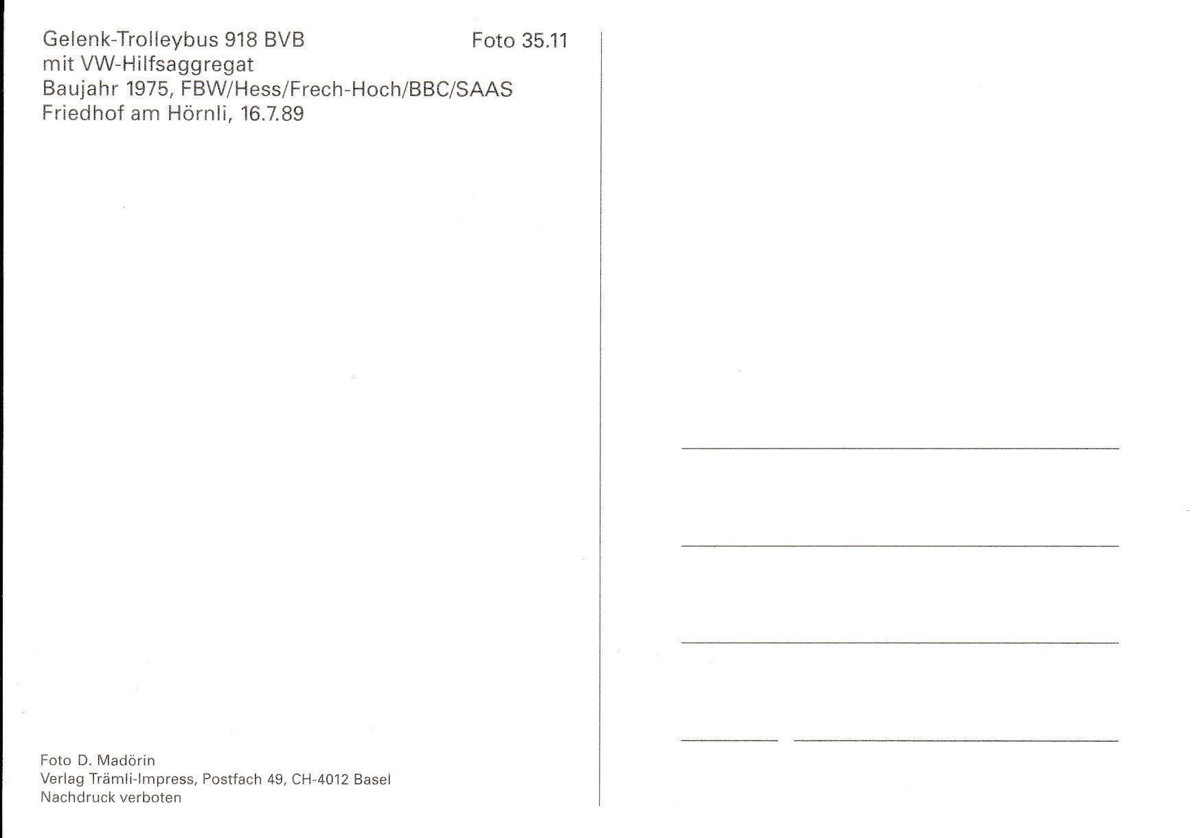 Cartoline postali: Trolleybus / Obus Basel BVB FBW 918 – Nuovo e nell'imballaggio originale da Ettingen venduto da Pantograph163 1
