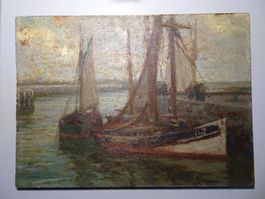 Impressionist. Hafenszene mit Segelbooten Oel auf Holz sign.