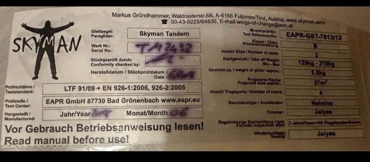 Sport dell'aria & Aquiloni: Gleitschirm Skyman tandem 37 – Usato da Rhäzüns venduto da radkohovadko 1