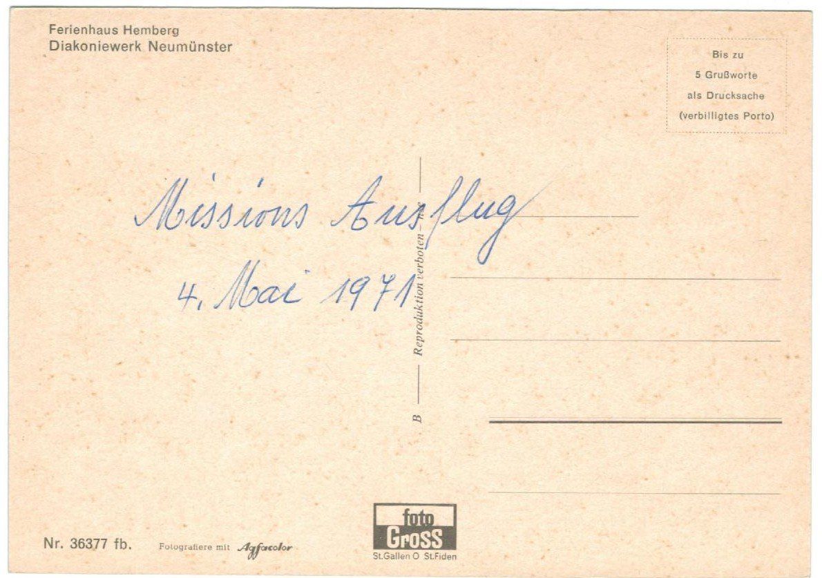 Cartoline postali: AK Ferienhaus Hemberg 1971 – Usato da Zürich venduto da Tolima194 1