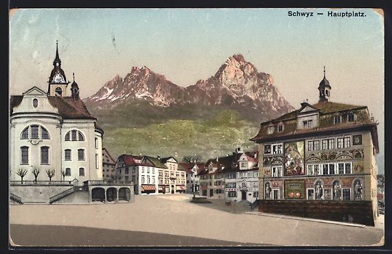 Cartoline postali: AK Schwyz, Hauptplatz, 1913 – Usato da Berlin venduto da bartko-reher