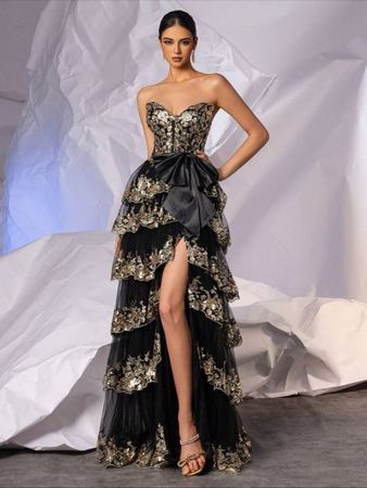 Abendkleid Corsage schwarz gold Grösse M