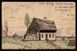 Handgemalt: Ziontki, Wohnhaus mit Bäume