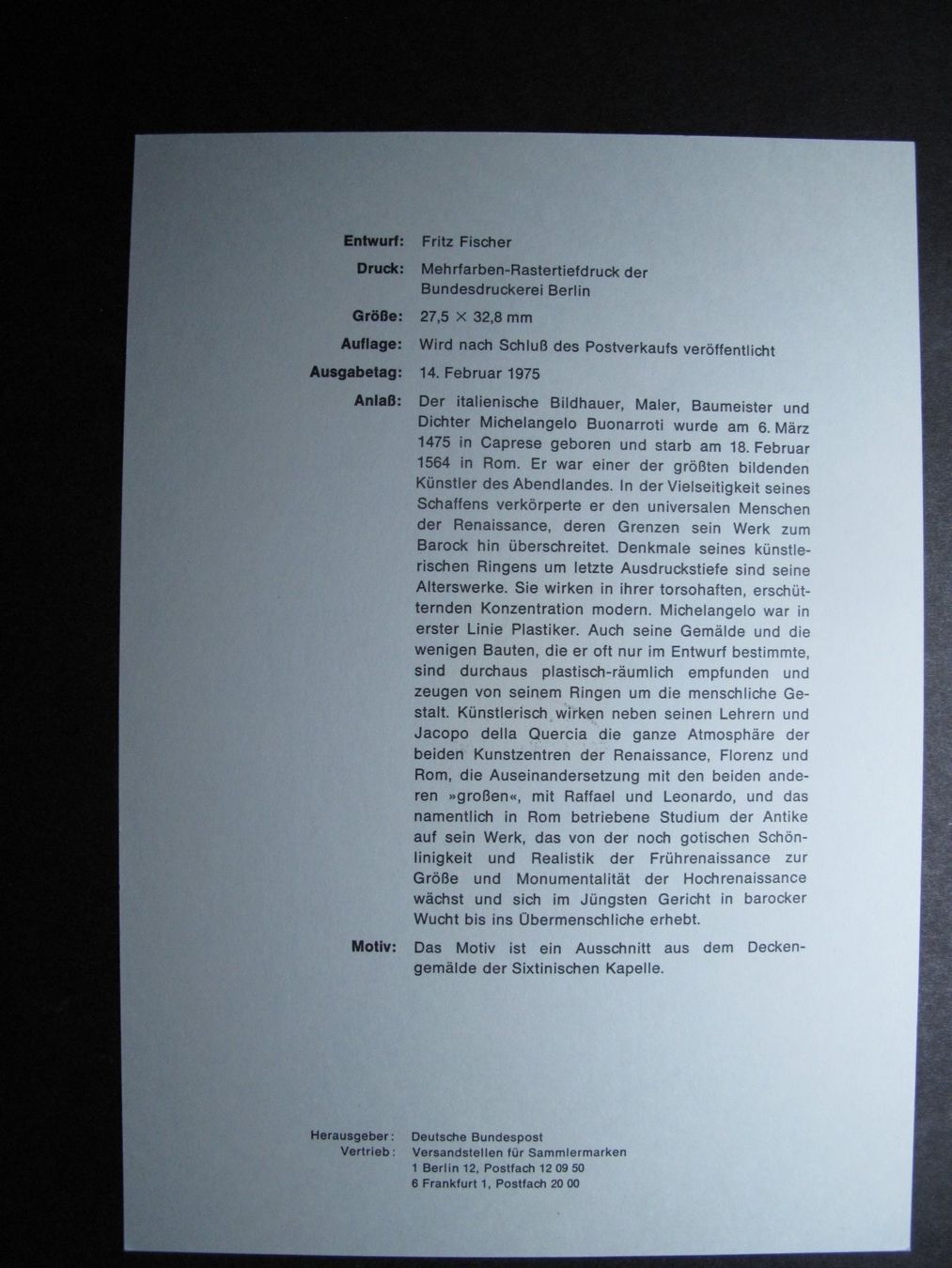 Tutti i francobolli: BRD 1975 /05 Michelangelo Buonarroti ETB – Usato da Wil SG venduto da fva01 1