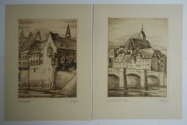K. Pflüger. Basel: Martinskirche, Seidenhof. 2 Radierungen.