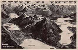 Vogelschau-AK: Rigi-Panorama mit Seen, gelaufen 1935