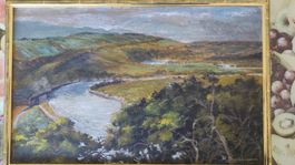 Ölgemälde „Flusslandschaft“ von H. Preussler – Goldrahmen
