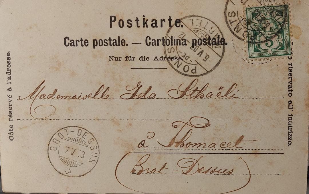 Cartoline postali: LES PONTS-DE-MARTEL - Souvenir 1903 – Usato da Delémont venduto da Domdom1 1