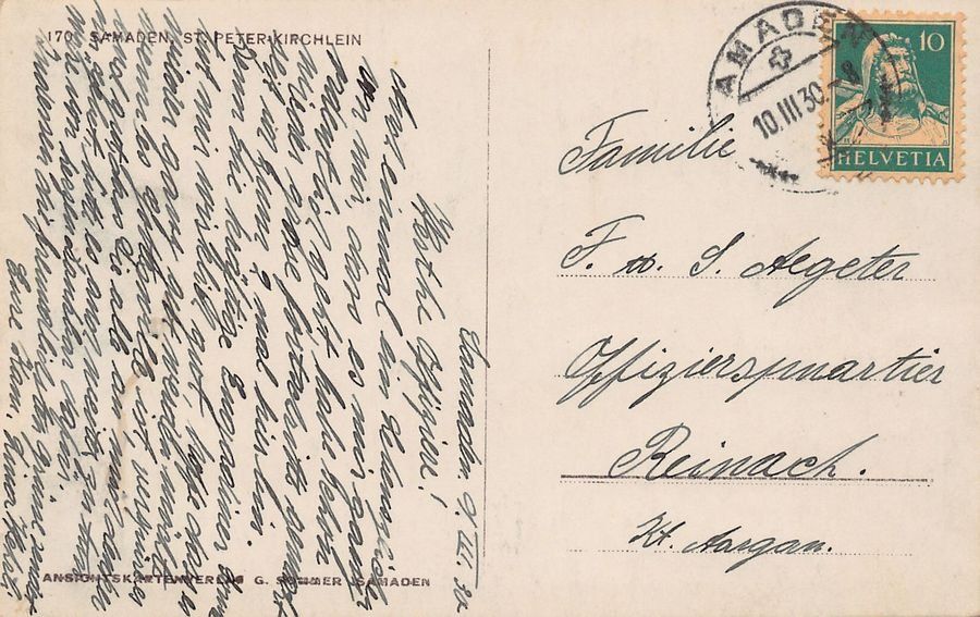 Cartoline postali: Samaden, Kirchlein St. Peter, gelaufen 1930 – Usato da Frauenfeld venduto da POML 1