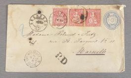 1868 Tübli Brief 30 Rp + 30 Rp. Zusatzfrank.  nach Marseille